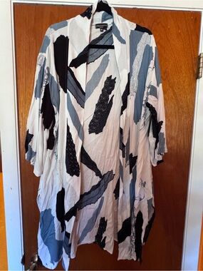 Urban Native Open-Front Abstract Print Kimono Jacket - Black & Slate Blue